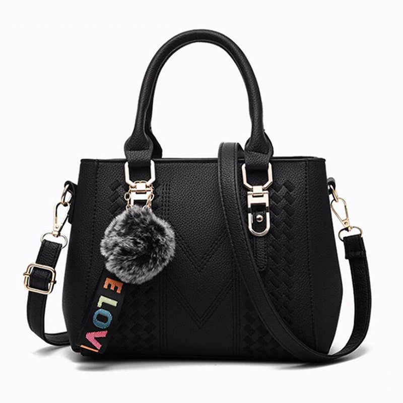 Women’s Embroidered Leather Messenger Bag – Elegant Handbag with Hair Ball Charm