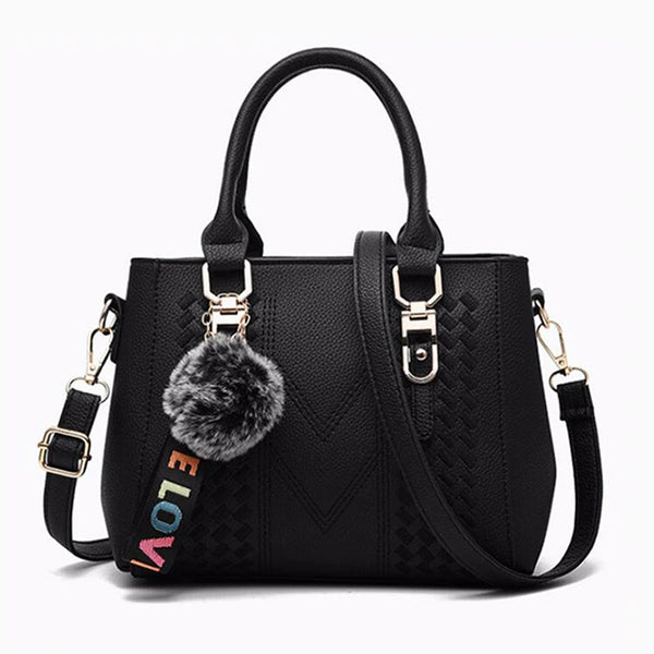 Women’s Embroidered Leather Messenger Bag – Elegant Handbag with Hair Ball Charm