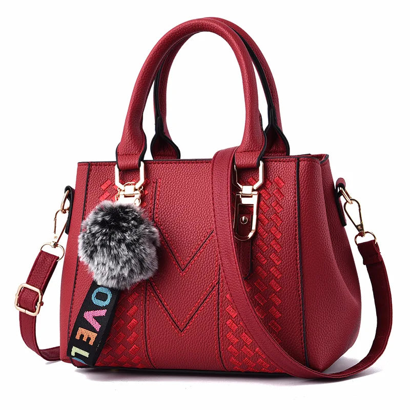 Women’s Embroidered Leather Messenger Bag – Elegant Handbag with Hair Ball Charm