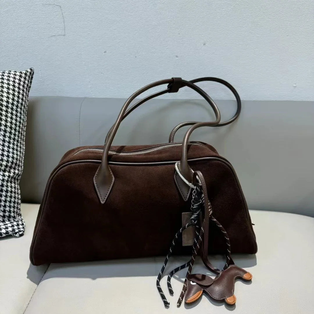 Women’s Large Genuine Leather Tote Soft Matte Suede Cowhide Shoulder Bag, Commuter Handbag