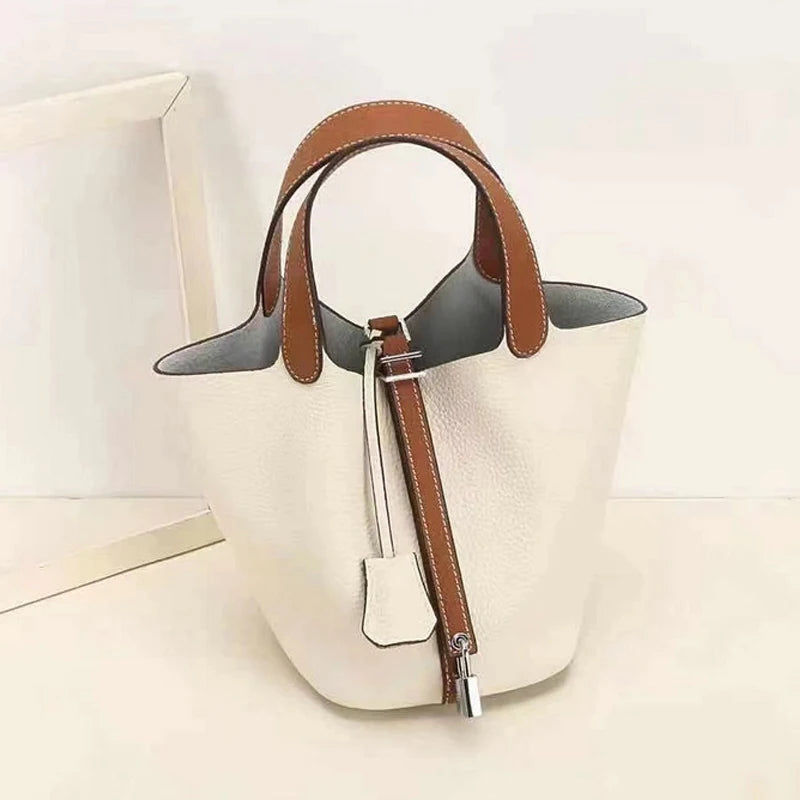 Women's Fashionable Leather Bucket Handbag – Portable Luxury Bag with Lock