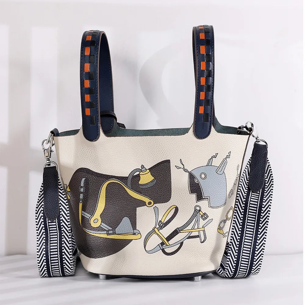 Women's Fashionable Leather Bucket Handbag – Portable Luxury Bag with Lock