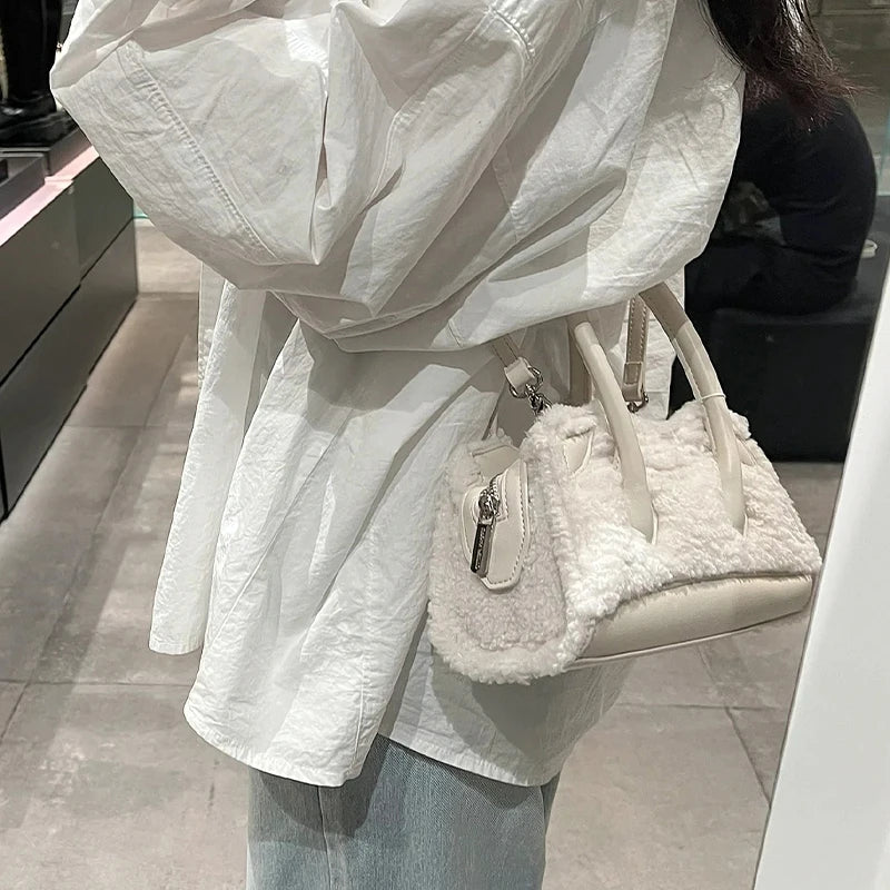 Women’s Plush Handbag – Portable White Luxury Shoulder & Crossbody Bag