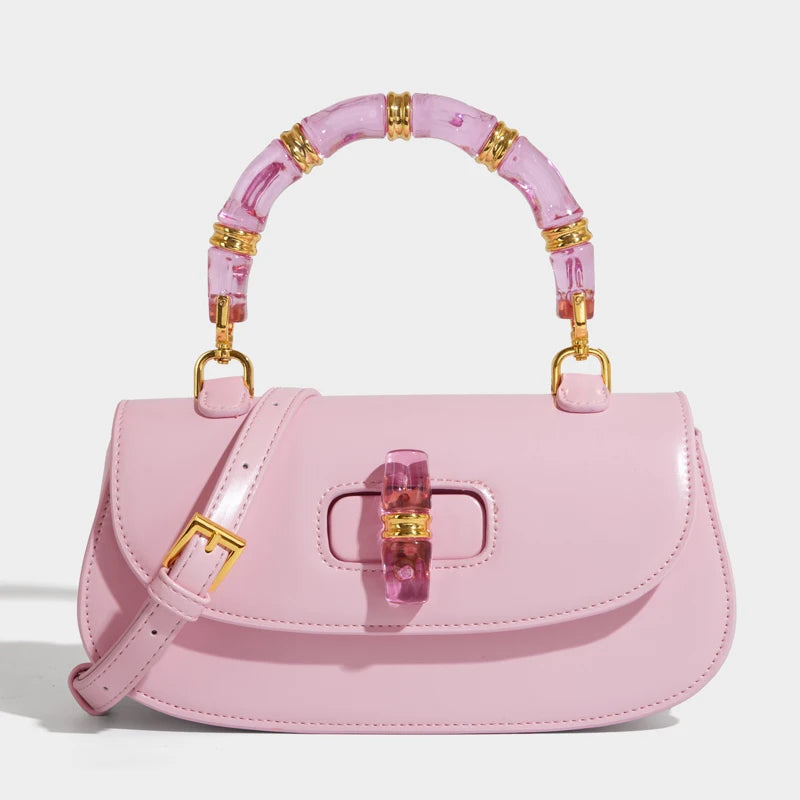 Women’s Classic Baguette Saddle Bag – Leather Shoulder Bag with Acrylic Top Handle