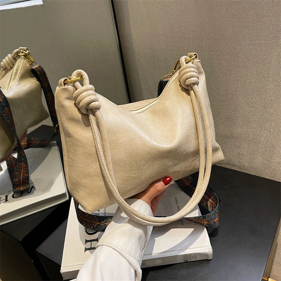 Women’s High-End Soft Leather Bag Stylish Single Shoulder and Crossbody with Wide Geometric Strap