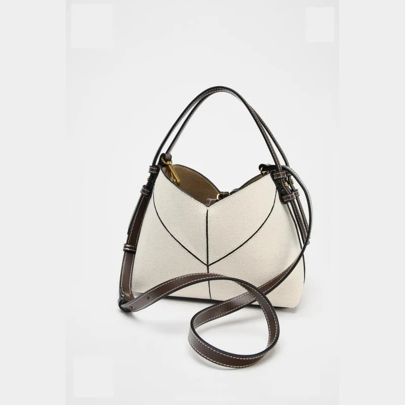 Women's Contrast Canvas Mini Shopper – Designer Bucket Bag with Luxury Handle & Removable Crossbody Strap