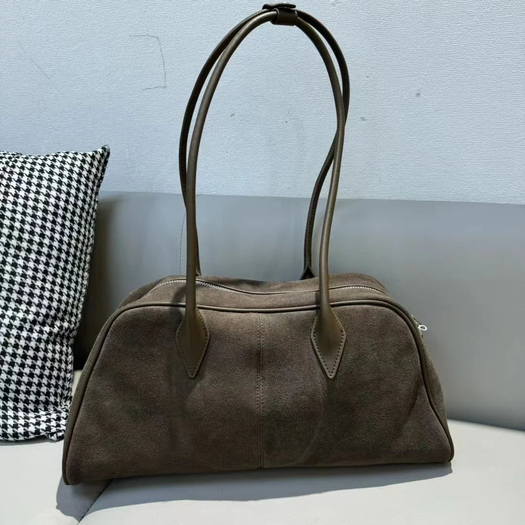 Women’s Large Genuine Leather Tote Soft Matte Suede Cowhide Shoulder Bag, Commuter Handbag