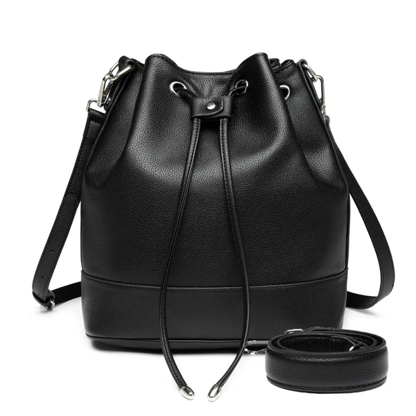 Women’s Leather Bucket Bag – Medium Drawstring Crossbody Tote & Hobo Handbag with 2 Shoulder Straps