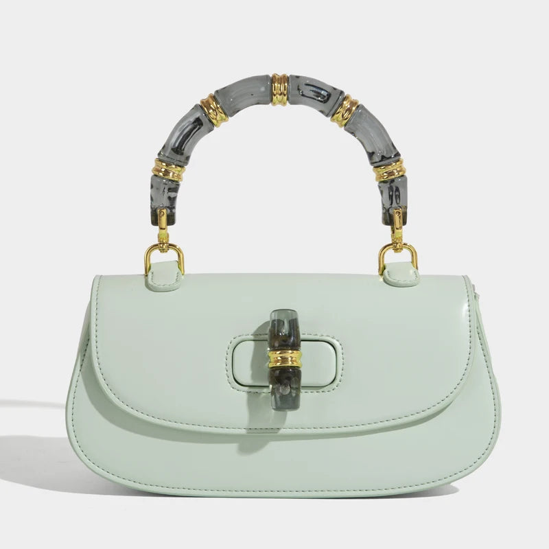 Women’s Classic Baguette Saddle Bag – Leather Shoulder Bag with Acrylic Top Handle