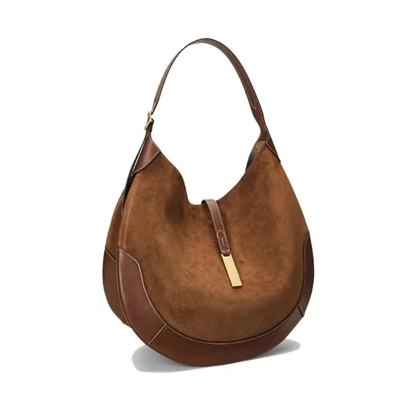 Women’s Crescent Shoulder Bag – Suede Splicing Leather Bag