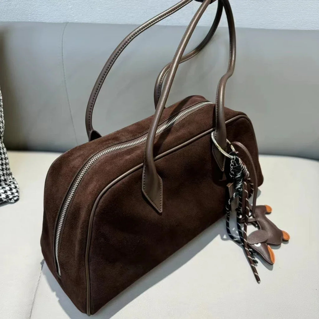 Women’s Large Genuine Leather Tote Soft Matte Suede Cowhide Shoulder Bag, Commuter Handbag