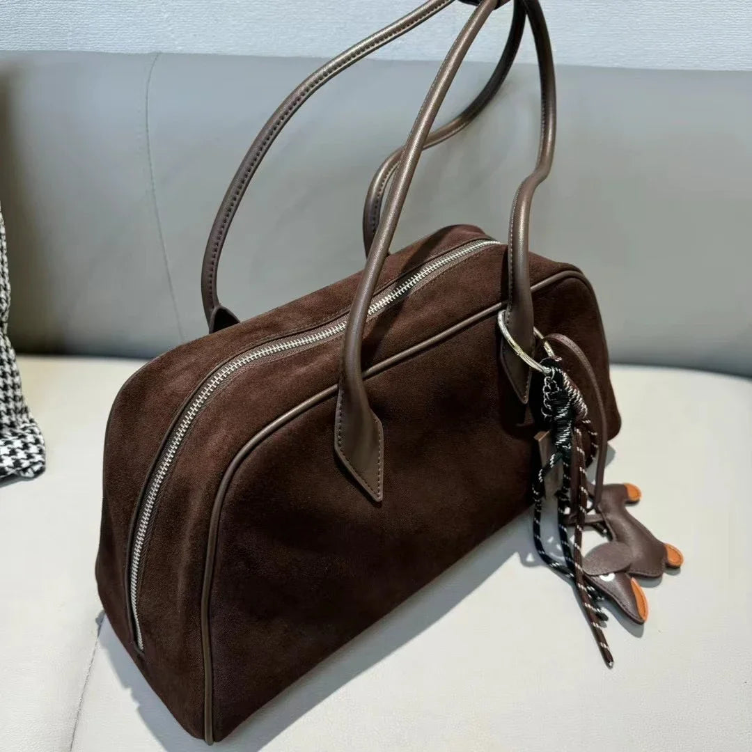 Women’s Large Genuine Leather Tote Soft Matte Suede Cowhide Shoulder Bag, Commuter Handbag