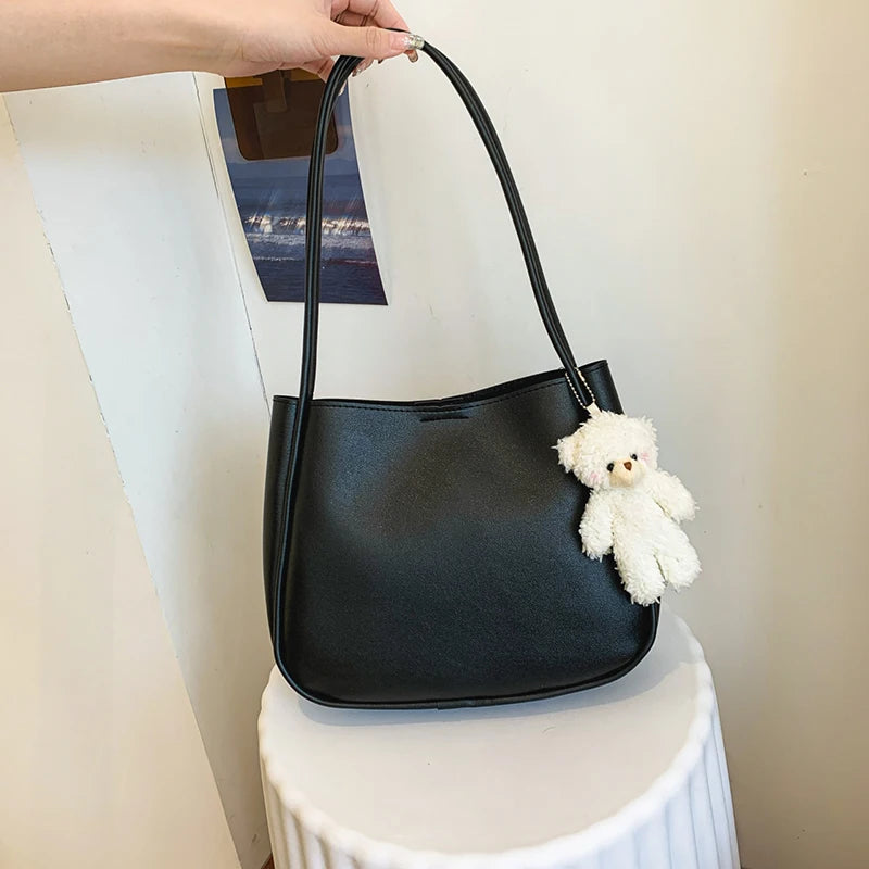 Women’s Fresh Solid Color Shoulder Bag Small Versatile Underarm Handbag with Bear Pendant