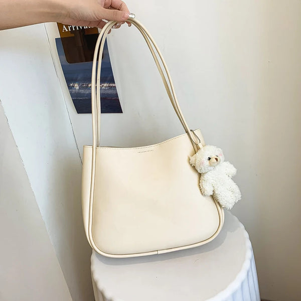 Women’s Fresh Solid Color Shoulder Bag Small Versatile Underarm Handbag with Bear Pendant
