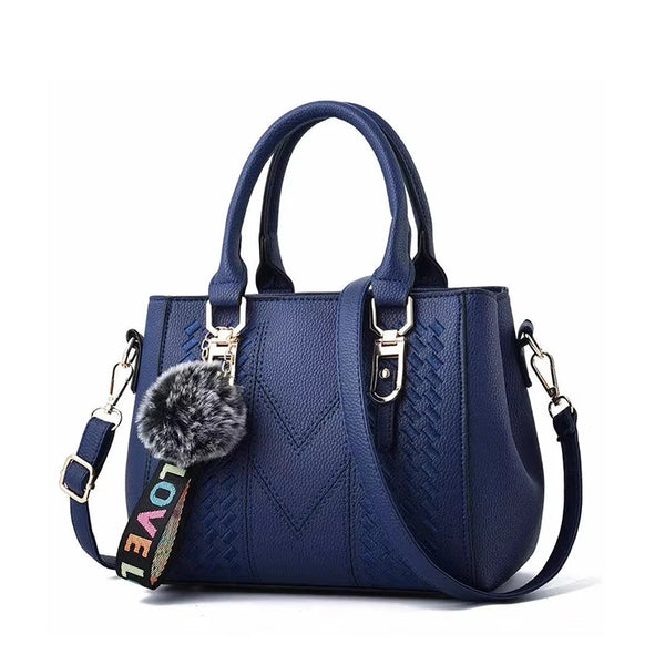 Women’s Embroidered Leather Messenger Bag – Elegant Handbag with Hair Ball Charm
